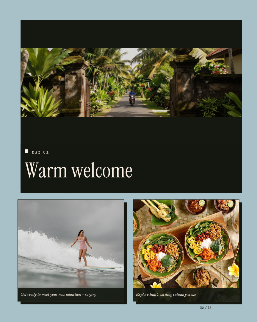 Bali Unlock: Surf Camp itinerary page 1