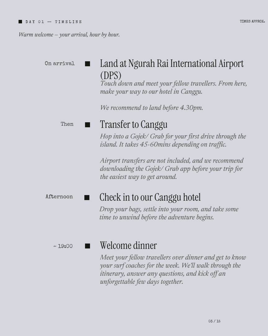 Bali Unlock: Surf Camp itinerary page 2