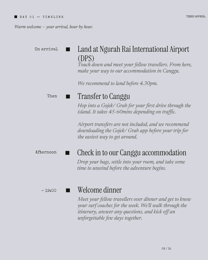 Bali Unlock: Surf Camp itinerary page 2